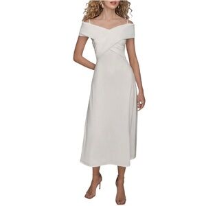 Donna Karan White Off Shoulder Midi Dress A Line Crepe Size 2
